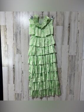 SHEIN Satiny Green Halter Tiered Ruffle Maxi Dress